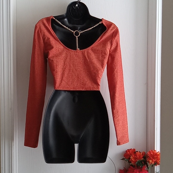 Derek Heart | Orange Red Metallic Crop Top - Picture 3 of 8